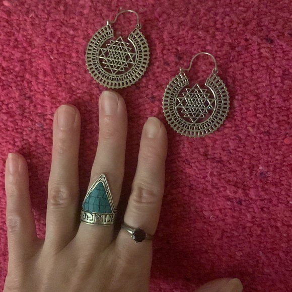 3PC Boho Jewelry SET 925s GARNET RING Hoop Earrings & Tibetan Adjustable Ring